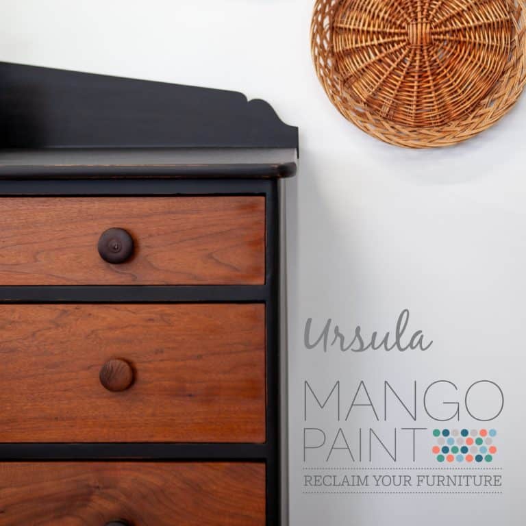 dresser painted in Ursula black Mango Paint with hemp oil on natural wood drawers, detail corner view